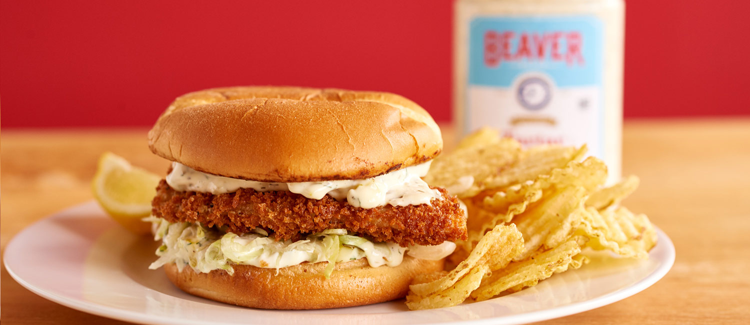 Fish and chips sandwich with Beaver Brand Tartar Sauce