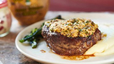 Steak with parmesan crust and potato puree